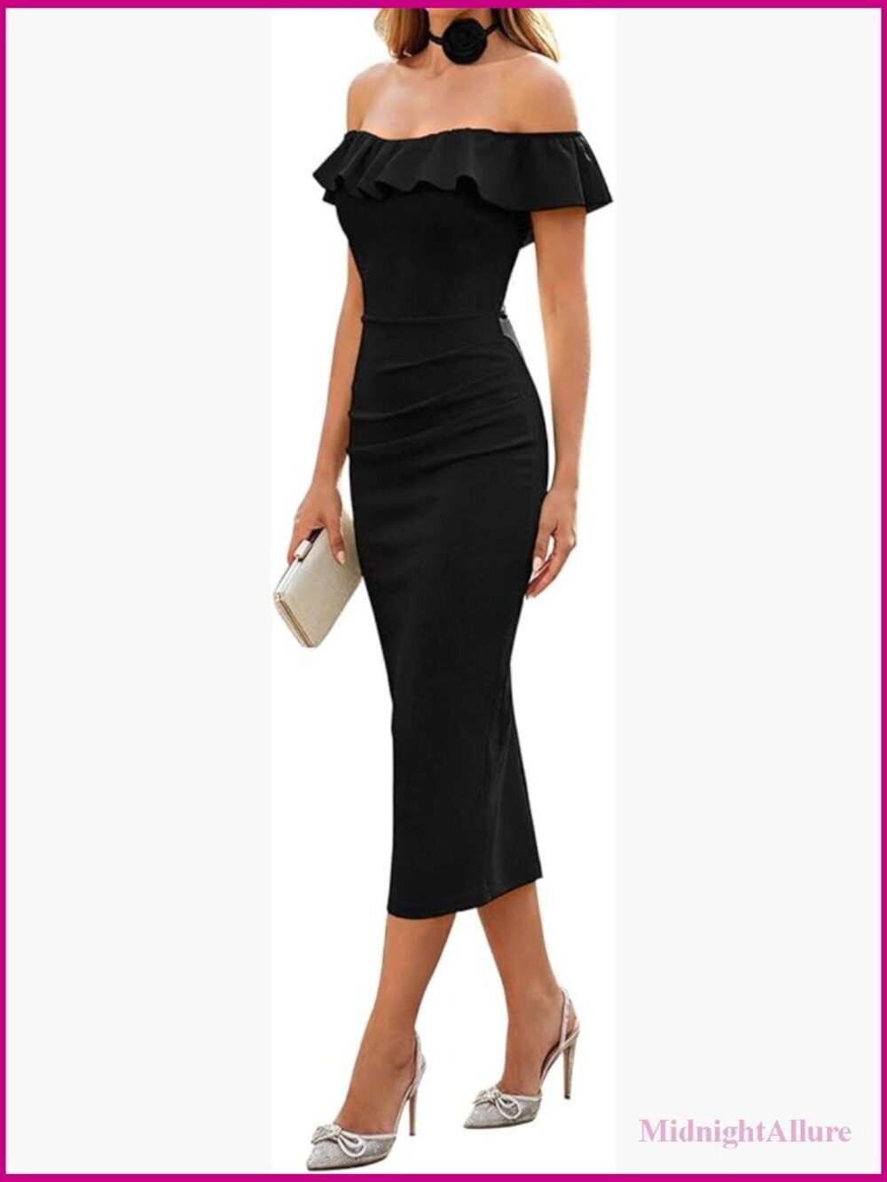 Off Shoulder Ruched Bodycon Midi Dress Ruffle Trim Cocktail